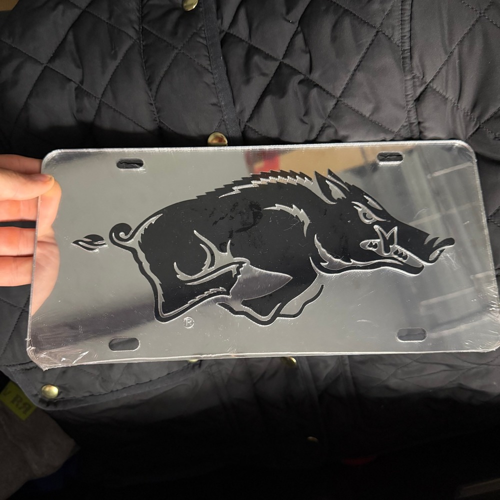 Arkansas Razorbacks Mirror License Plate Craftique Acrylic Chrome Black Logo